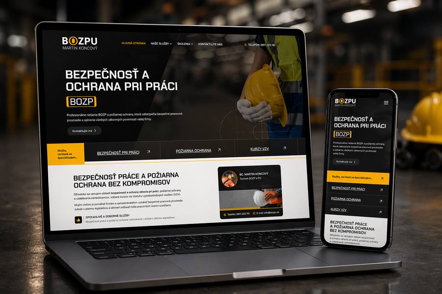 Mockup webstránky pre BOZP technika v Púchove zobrazený na notebooku a mobile 2026