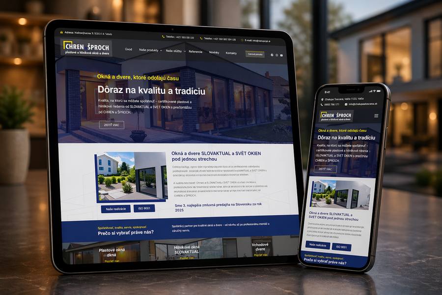 Mockup webstránky pre plastové okná a dvere CHREN a ŠPROCH zobrazený na notebooku a mobile na bielom pozadí 2026.