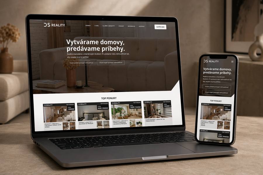 Mockup responzívnej webstránky pre realitnú kanceláriu DOSPA REALITY zobrazený na notebooku a mobile