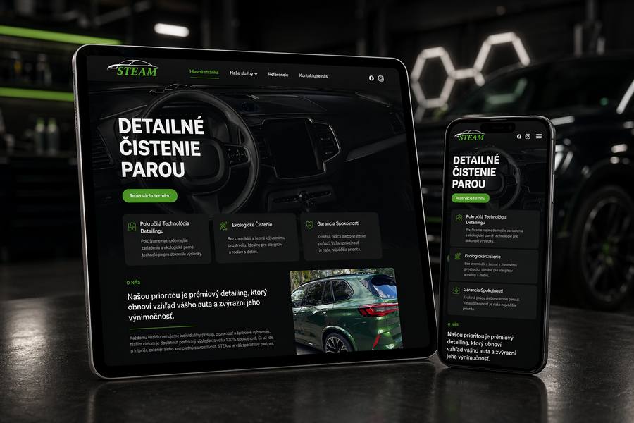 Mockup responzívnej webstránky pre detailing a čistenie automobilov ECO STEAM zobrazený na notebooku a mobile