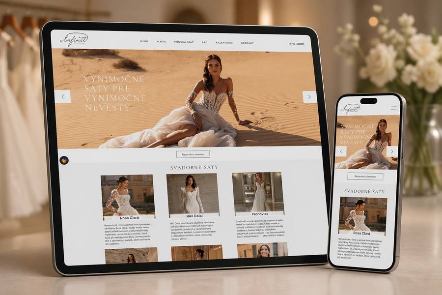 Mockup web stránky pre svadobný salón Infiniti z Púchova zobrazený na notebooku a mobile