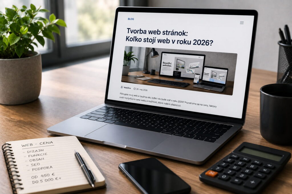 Tvorba web stránok – moderný notebook s web dizajnom a kalkulačkou ceny webu v roku 2026