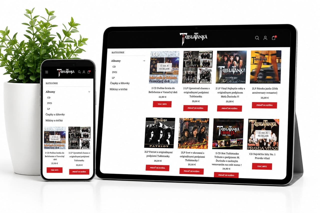 Mockup moderného e-shopu pre skupinu Tublatanka zobrazený na tablete a mobile s rastlinou