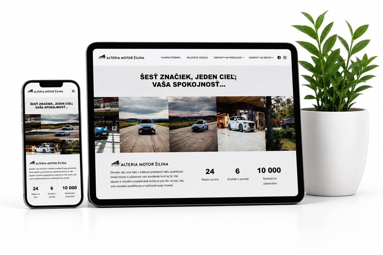Mockup responzívnej firemnej webstránky pre Alteria Motor Žilina zobrazený na tablete a mobile