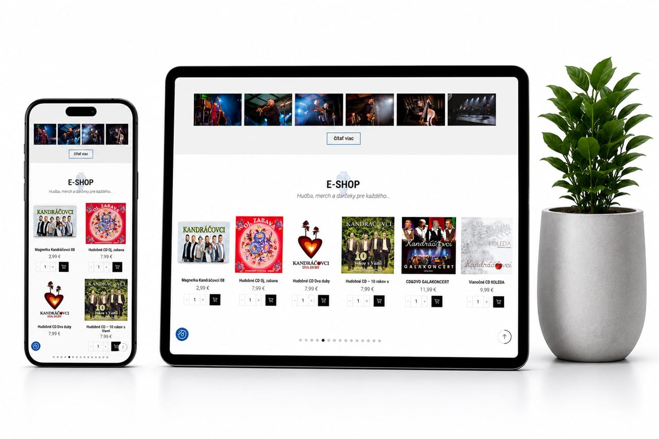 Mockup e-shopu hudobnej skupiny Kandráčovci zobrazený na tablete a mobile s responzívnym dizajnom
