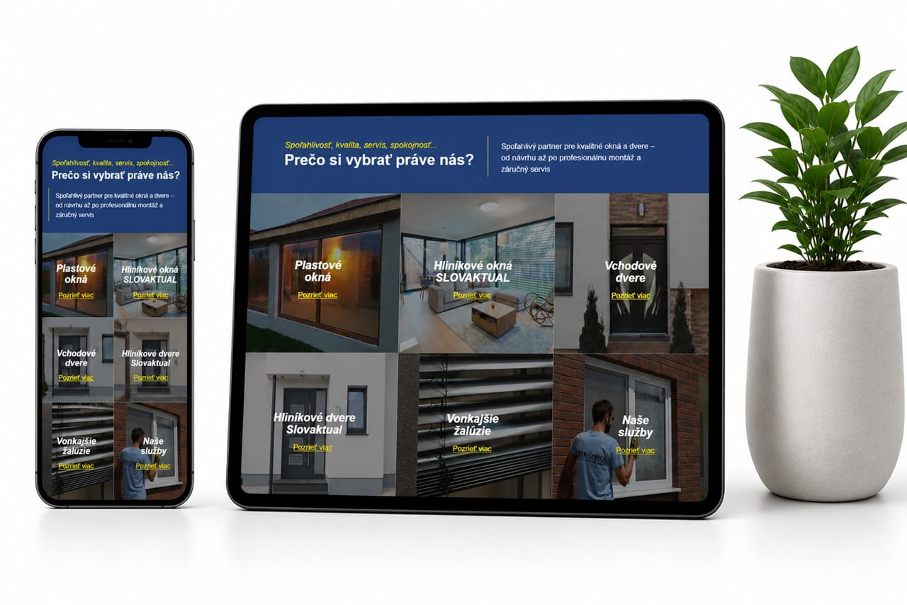 Mockup responzívnej webstránky pre plastové okná a dvere CHREN a ŠPROCH zobrazený na tablete a mobile