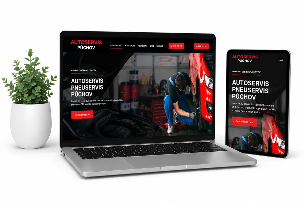 Mockup modernej webstránky pre autoservis a pneuservis v Púchove zobrazený na notebooku a tablete