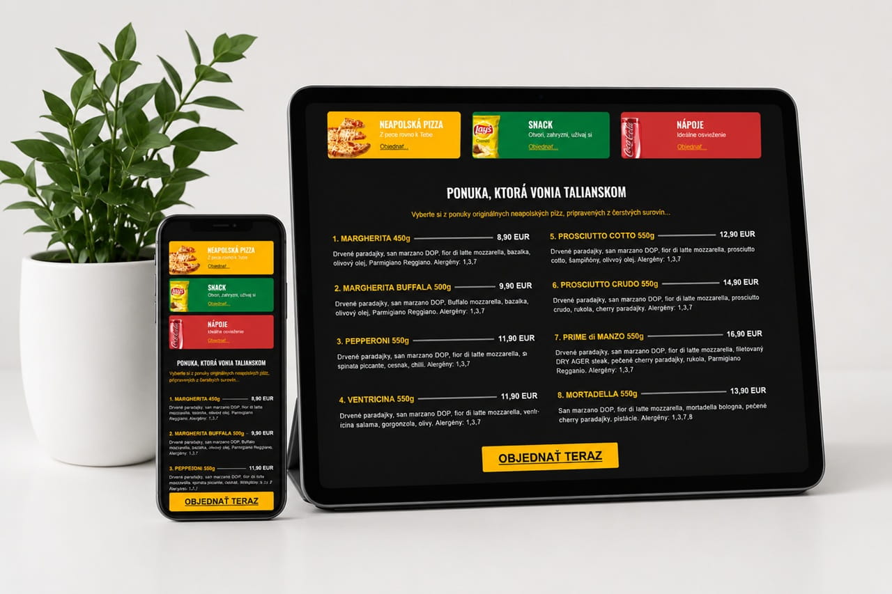 Mockup responzívnej webstránky pre pizzeriu v Púchove zobrazený na tablete a mobile