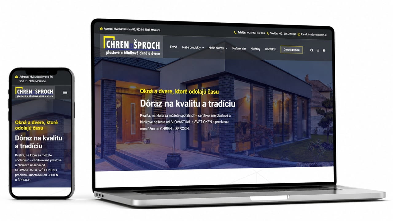 Mockup modernej webstránky pre plastové okná a dvere CHREN a ŠPROCH zobrazený na notebooku a mobile na bielom pozadí.