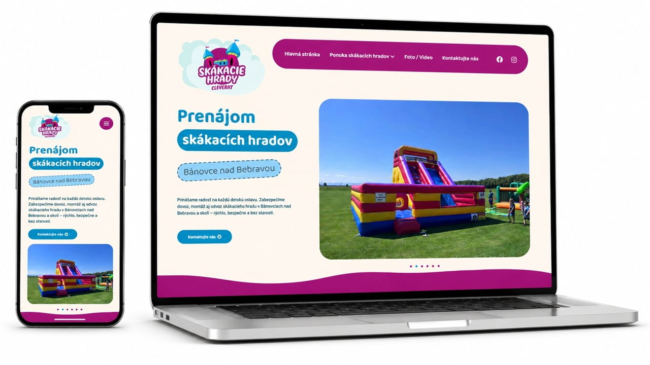 Mockup responzívnej webstránky pre prenájom skákacích hradov zobrazený na mobile a notebooku