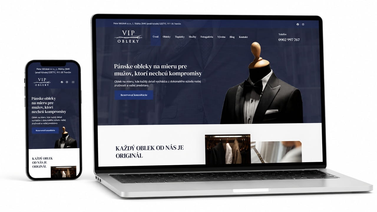 Mockup modernej webstránky pre VIP Obleky zobrazený na notebooku a mobile