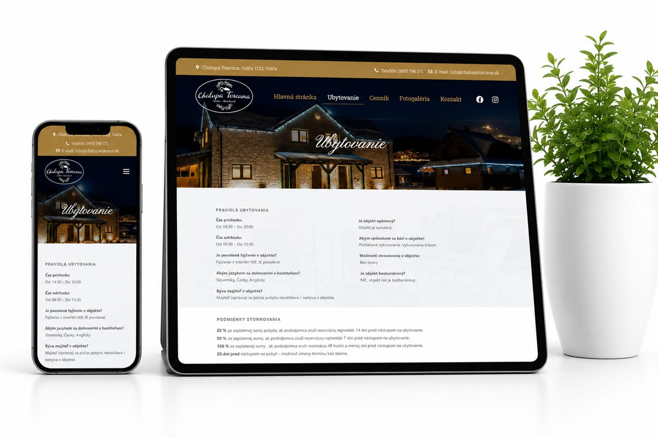 Mockup webstránky pre luxusný penzión Chalupa Toscana zobrazený na tablete a mobile