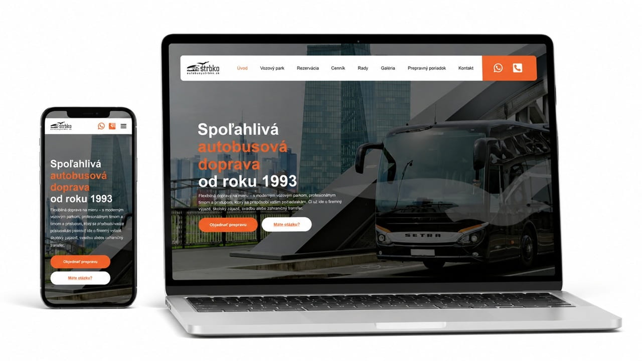 Mockup modernej webstránky pre autobusovú dopravu zobrazený na notebooku a mobile