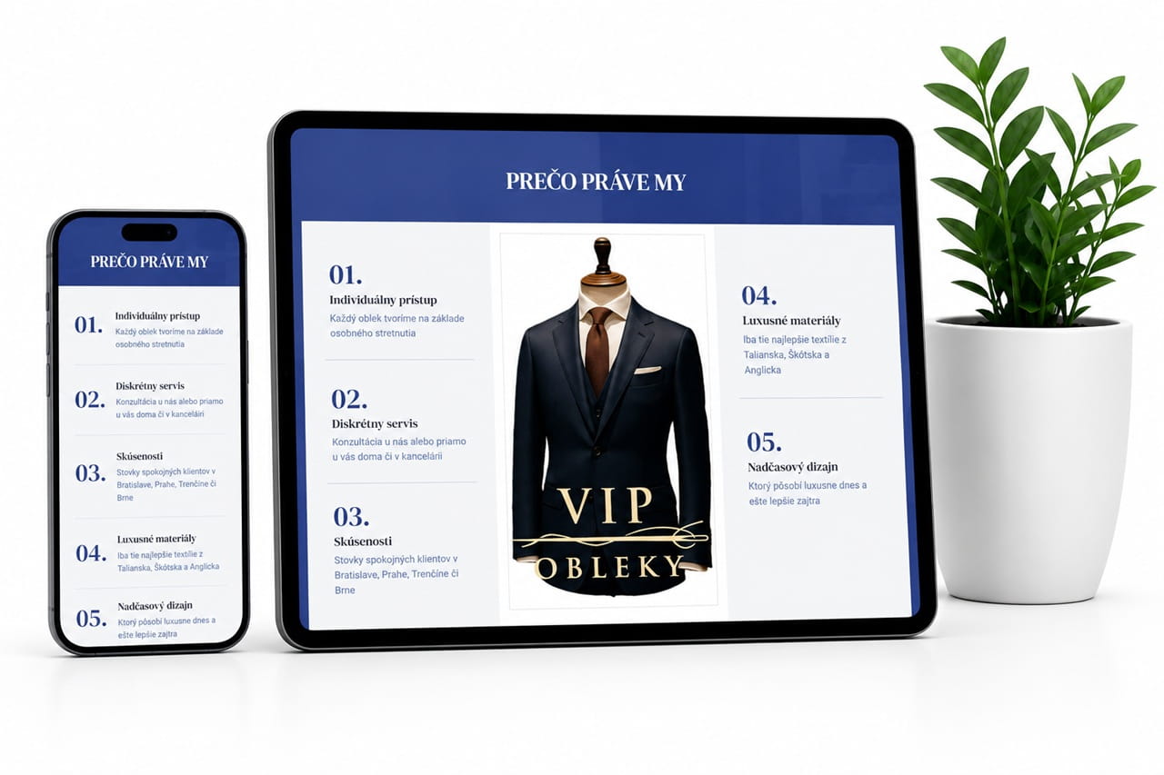 Mockup responzívnej webstránky pre VIP Obleky zobrazený na tablete a mobile s rastlinou