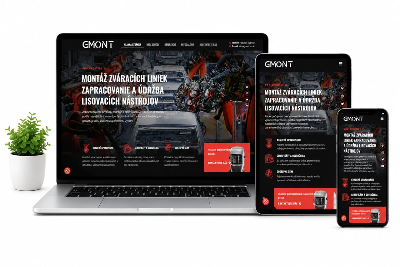 Tvorba responzívnej webstránky GMONT zobrazenej na notebooku, tablete a mobile