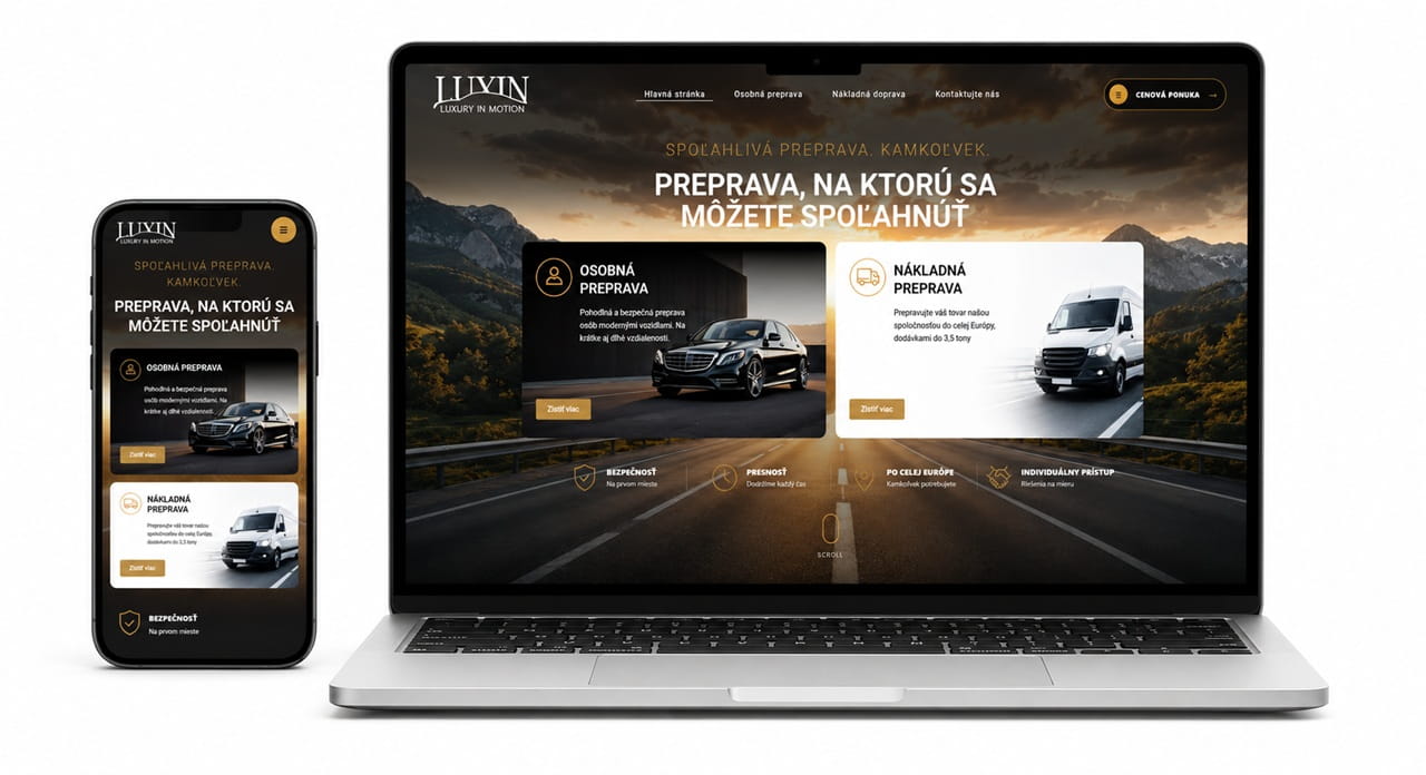 Tvorba webstránky LUXIN pre osobnú a nákladnú prepravu na notebooku a mobile