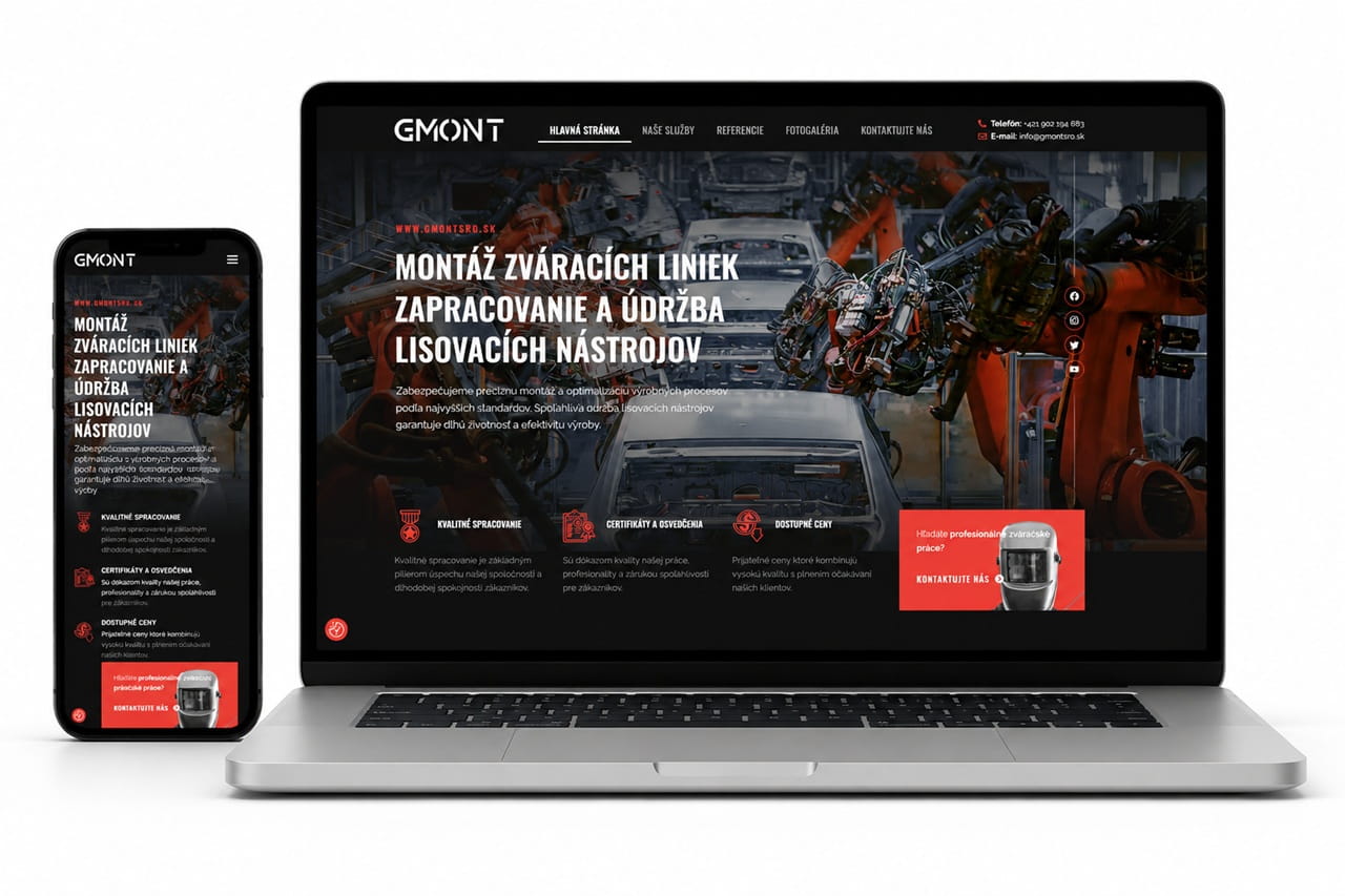Tvorba webstránky GMONT pre zváracie linky a lisovacie nástroje na notebooku a mobile